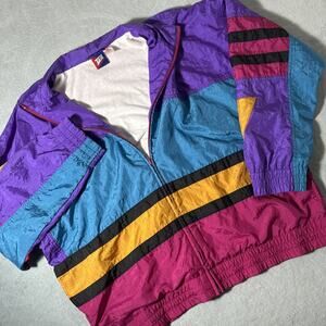 Vtg 80s 90s Retro Striped Ski Jacket large Fleece Lined Windbreaker Colorblock